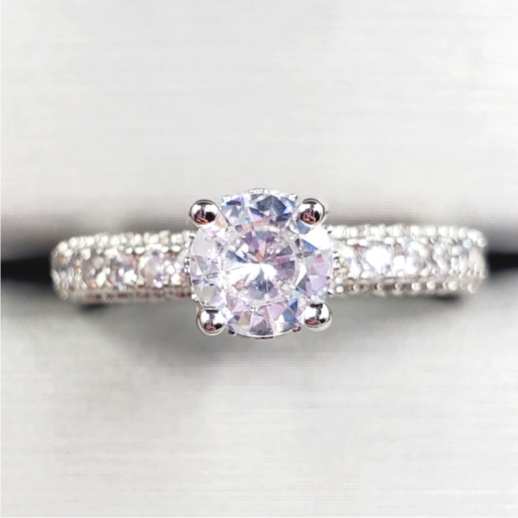Round Cut Diamond Simulants Silver Tone Pave Engagement Ring